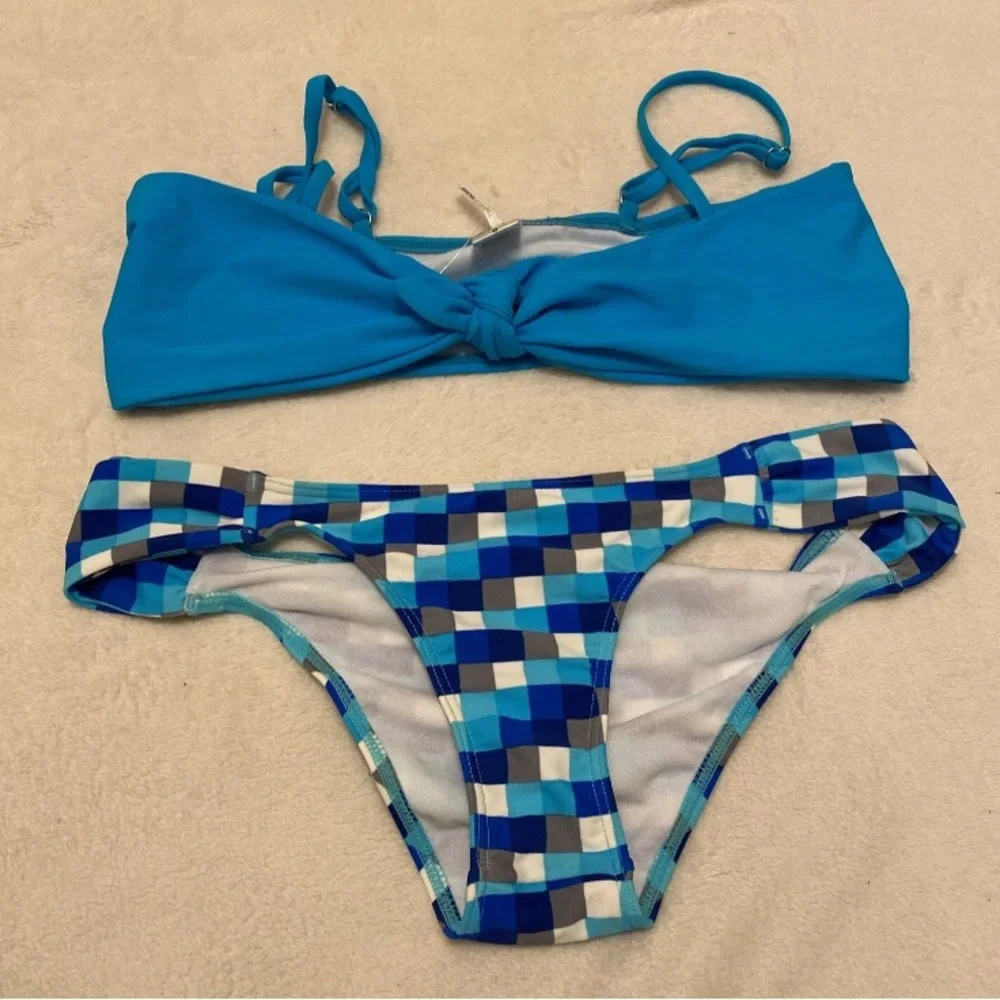 Fashion Nova Blue Knotted Bikini with Gingham Bottoms